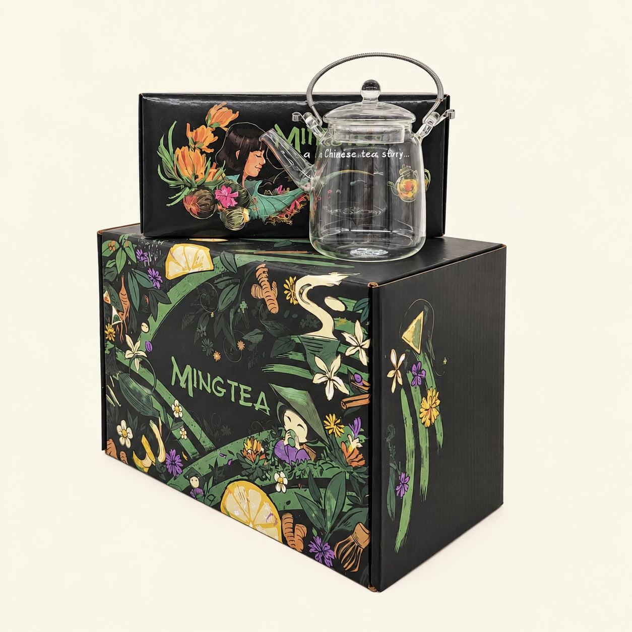 Coffret cadeau de luxe – 12 fleurs de thé avec théière en verre 350 ml – photo du produit