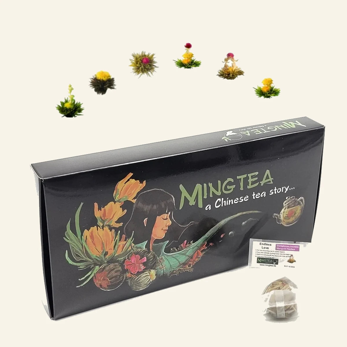 Coffret cadeau de luxe – 6 fleurs de thé avec théière en verre 350 ml – photo détaillée